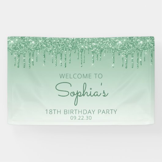 Glam Green Glitter Drip 18e verjaardagsfeest Spandoek (Horizontaal)