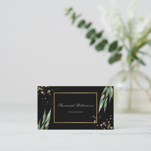 Glam Green Gold Eucalyptus Black Visitekaartje (Staand voorkant)