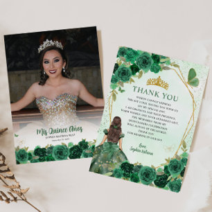 Glam Green Gold Floral Princess Quinceañera Foto Bedankkaart