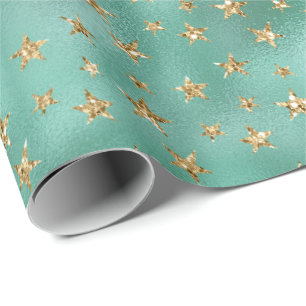 Glam Green Gold Glitter Stars Cadeaupapier