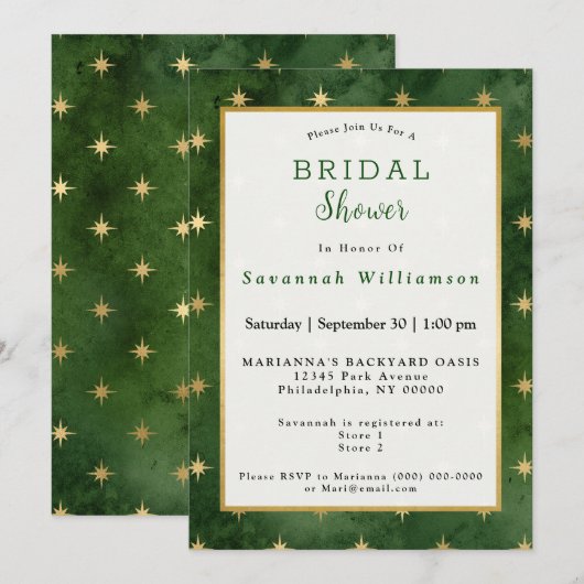 Glam Green Gold Stars Vrijgezellenfeest Kaart (Voorkant / Achterkant)