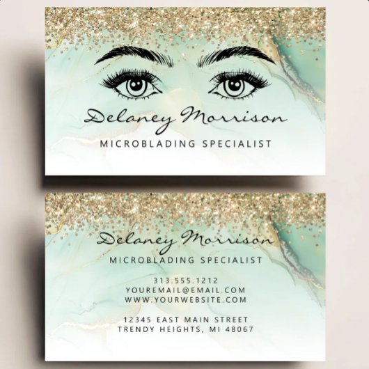 Glam Green Marmer Goud Glitter Ogen Microblading Visitekaartje