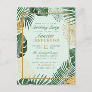 Glam Green Tropical Leaves Modern Birthday Party Uitnodiging Briefkaart