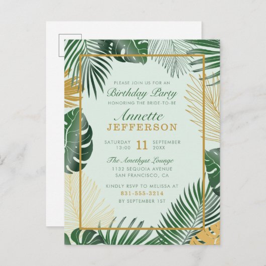 Glam Green Tropical Leaves Modern Birthday Party Uitnodiging Briefkaart (Voorkant / Achterkant)