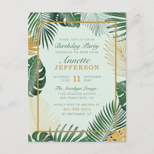 Glam Green Tropical Leaves Modern Birthday Party Uitnodiging Briefkaart (Voorkant)