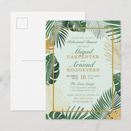 Glam Green Tropical Leaves Modern Rehearsal Dinner Uitnodiging Briefkaart (Voorkant / Achterkant)