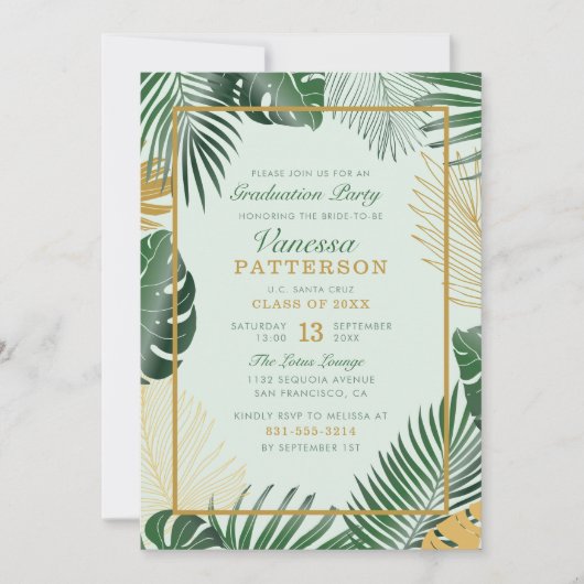 Glam Green Tropical Leaves Trendy Afstuderen Kaart (Voorkant)