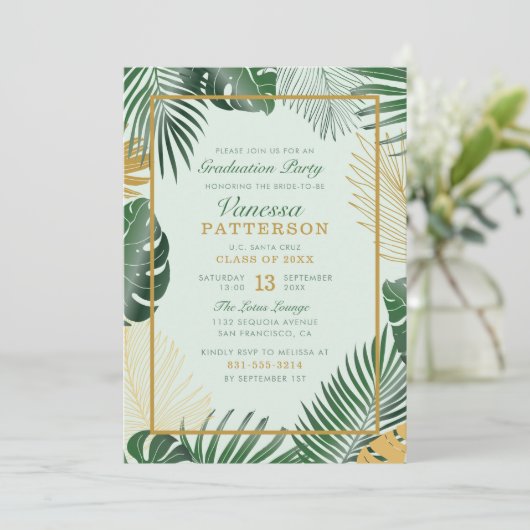 Glam Green Tropical Leaves Trendy Afstuderen Kaart (Staand voorkant)