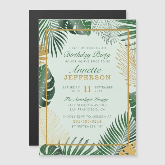 Glam Green Tropical Leaves Trendy Birthday Party Magnetische Uitnodiging (Voorkant / Achterkant)