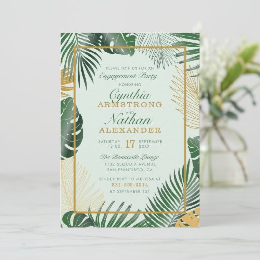 Glam Green Tropical Leaves Trendy Engagement Party Kaart (Staand voorkant)