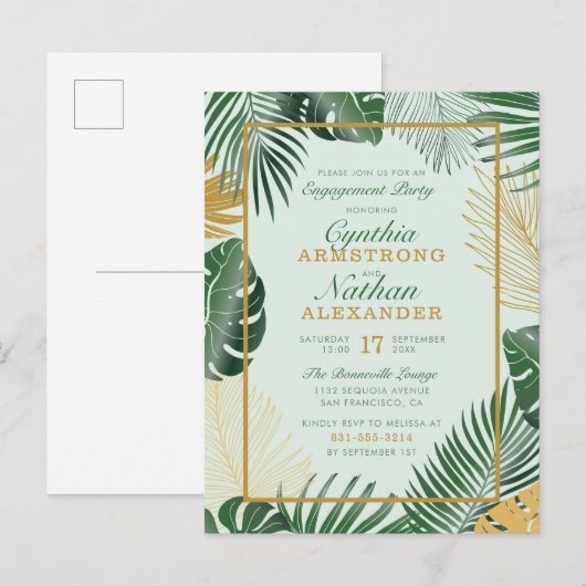 Glam Green Tropical verlaat de moderne partij Uitnodiging Briefkaart (Voorkant / Achterkant)