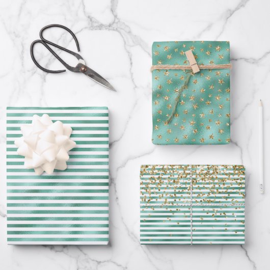 Glam Green White Stripes Gold Glitter Inpakpapier Vel (Voorkant)