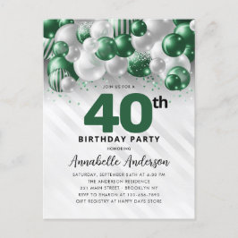 Glam Green Zilveren Ballon Glitter 40e Verjaardag Briefkaart