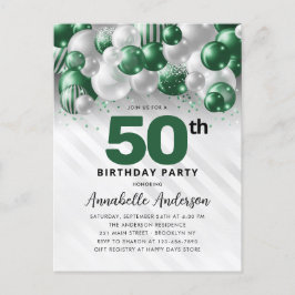 Glam Green Zilveren Ballon Glitter 50ste Verjaarda Briefkaart