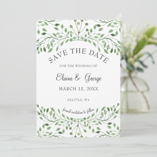 Glam Greenery bruiloft met de datumkaarten Save The Date (Staand voorkant)
