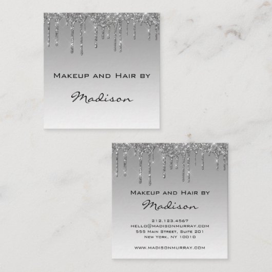 Glam Grey Silver Glitter drukt artiest uit Vierkante Visitekaartje (Voorkant / Achterkant)
