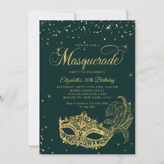 Glam Groen Goud Glitter Masquerade Verjaardag Kaart (Voorkant)