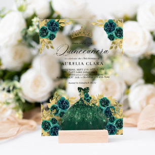 Glam groene jurk bloem 15e Quinceañera Acryl Uitnodigingen