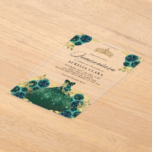 Glam Groene Jurk Bloemen 15e Quinceañera Acryl Uitnodigingen (Laagn)
