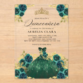 Glam Groene Jurk Bloemen 15e Quinceañera Acryl Uitnodigingen (Voorkant)