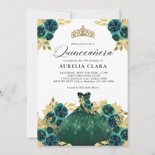 Glam Groene Jurk Bloemen 15e Quinceañera Kaart (Voorkant)