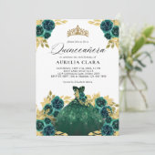 Glam Groene Jurk Bloemen 15e Quinceañera Kaart (Staand voorkant)