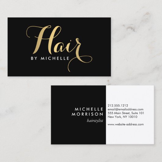 Glam Haarstylist Script Text Gold/Black Visitekaartje (Voorkant / Achterkant)