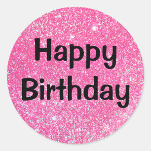 Glam Happy Birthday Black Hot Pink Glitter Sparkle Ronde Sticker