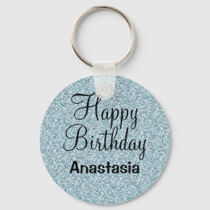 Glam Happy Birthday Blue Silver Glitter Sparkles Sleutelhanger