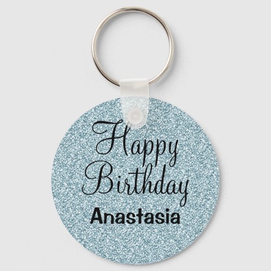 Glam Happy Birthday Blue Silver Glitter Sparkles Sleutelhanger (Voorkant)