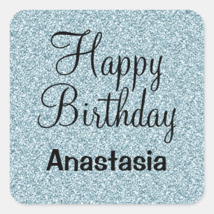 Glam Happy Birthday Blue Silver Glitter Sparkles Vierkante Sticker