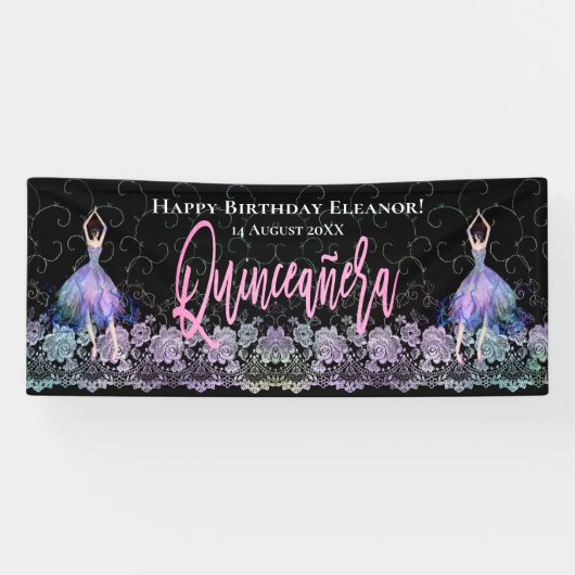 Glam Happy Birthday Dancers Quinceanera Roze Zwart Spandoek (Horizontaal)