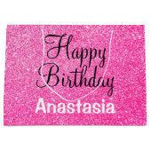 Glam Happy Birthday Hot Pink Glitter Sparkle Name Groot Cadeauzakje (Voorkant)