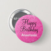 Glam Happy Birthday Hot Pink Glitter Sparkle Name Ronde Button 5,7 Cm (Voorkant /achterkant)