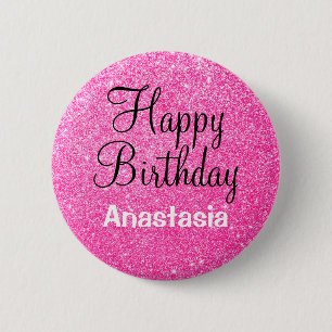 Glam Happy Birthday Hot Pink Glitter Sparkle Name Ronde Button 5,7 Cm