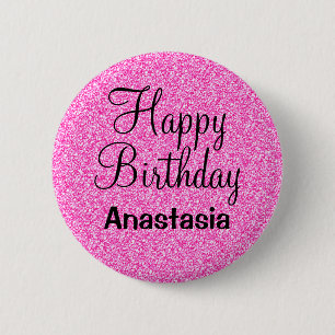 Glam Happy Birthday Hot Pink Glitter Sparkle Name Ronde Button 5,7 Cm