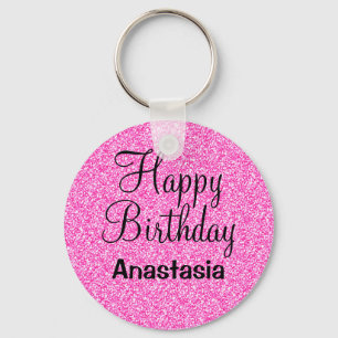 Glam Happy Birthday Hot Pink Glitter Sparkle Name Sleutelhanger