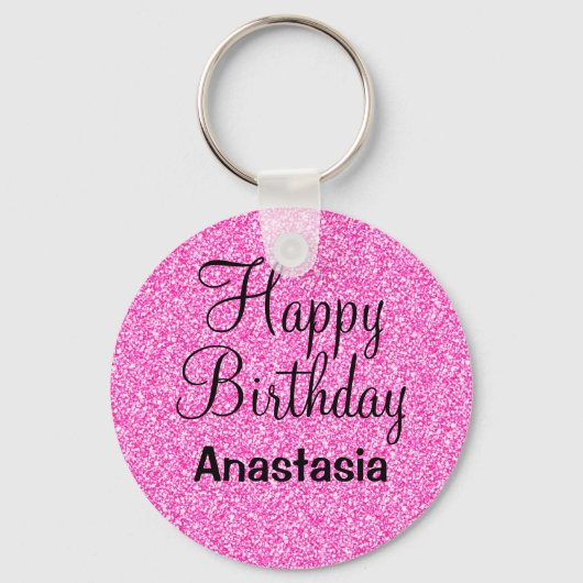Glam Happy Birthday Hot Pink Glitter Sparkle Name Sleutelhanger (Voorkant)