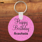 Glam Happy Birthday Hot Pink Glitter Sparkle Name Sleutelhanger (Voorkant)