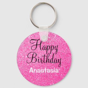 Glam Happy Birthday Hot Pink Glitter Sparkle Name Sleutelhanger