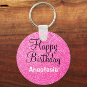 Glam Happy Birthday Hot Pink Glitter Sparkle Name Sleutelhanger (Voorkant)