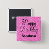 Glam Happy Birthday Hot Pink Glitter Sparkle Name Vierkante Button 5,1 Cm (Voorkant /achterkant)