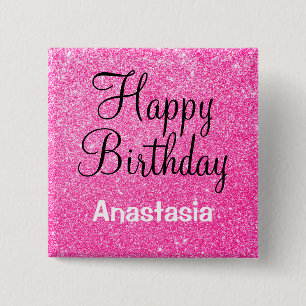 Glam Happy Birthday Hot Pink Glitter Sparkle Name Vierkante Button 5,1 Cm