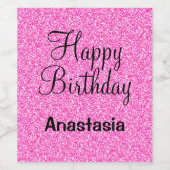 Glam Happy Birthday Hot Pink Glitter Sparkle Name Wijn Etiket (Enkel label)