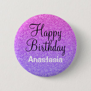 Glam Happy Birthday Ombre Paars Glitter Sparkels Ronde Button 5,7 Cm