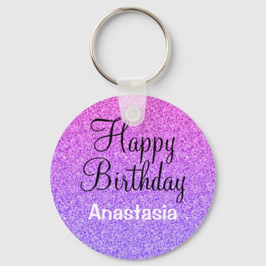 Glam Happy Birthday Ombre Paarse Glitter Sparkles Sleutelhanger (Voorkant)