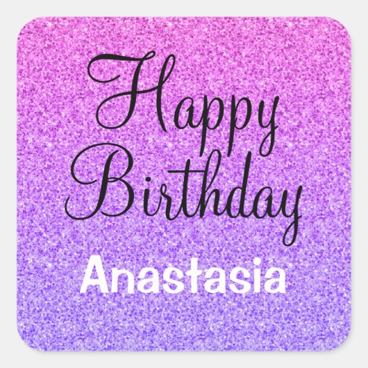 Glam Happy Birthday Ombre Paarse Glitter Sparkles Vierkante Sticker (Voorkant)