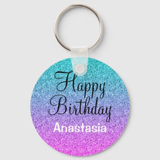 Glam Happy Birthday Ombre Pink Blue Paars Glitter Sleutelhanger (Voorkant)