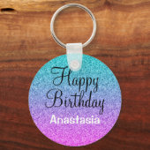 Glam Happy Birthday Ombre Pink Blue Paars Glitter Sleutelhanger (Voorkant)