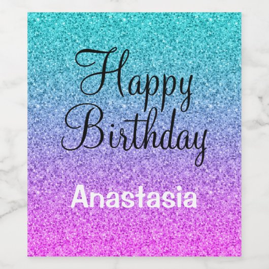 Glam Happy Birthday Ombre Pink Blue Paars Glitter Wijn Etiket (Enkel label)